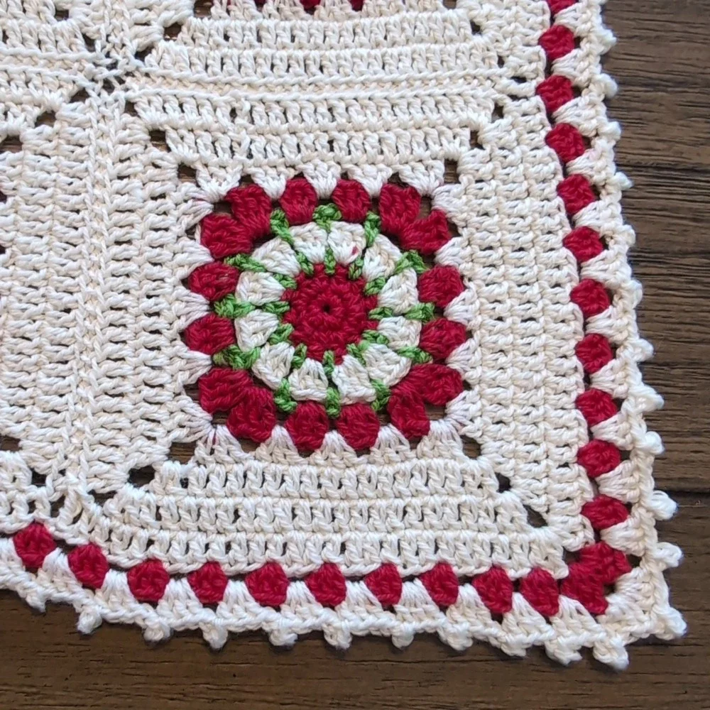 Handmade Crochet Table Runner 2pc Granny Square Cream Red Green 88X32 70X17